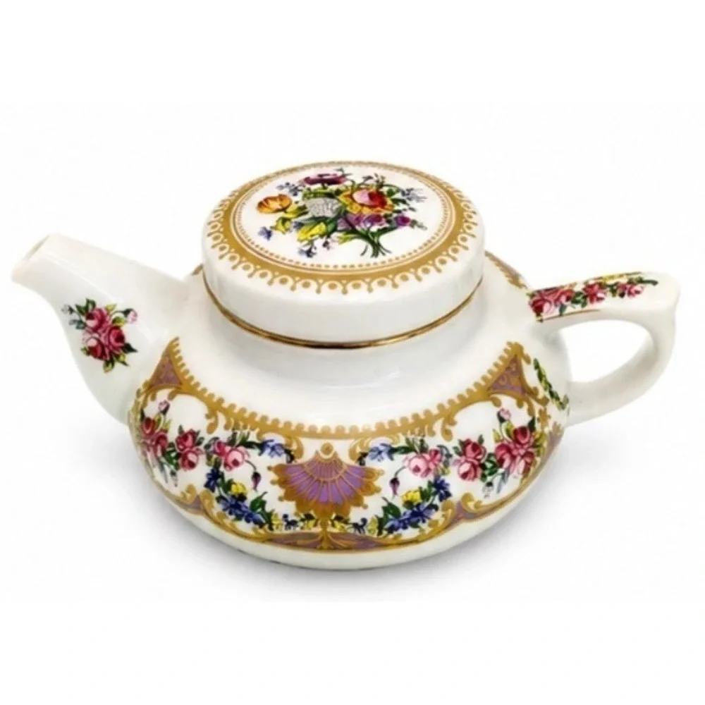 Andrea by Sadek Collection Sevres Floral Porcelain Teapot Gold Trim 4in x 7.5in